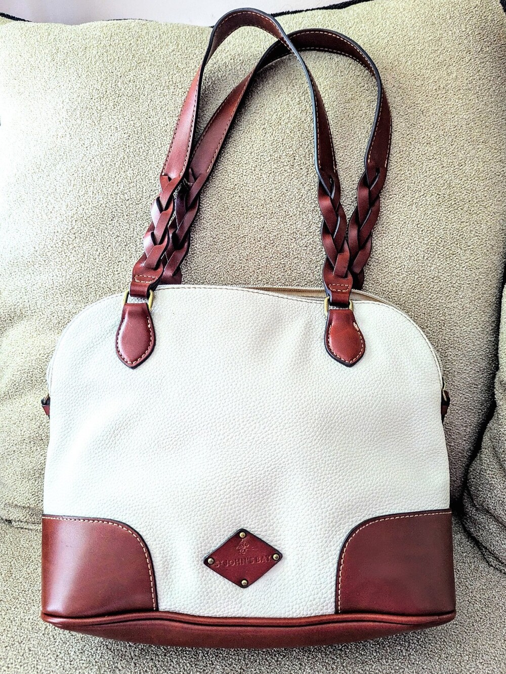 St Johns Bay Cream and Brown Leather-Trim Shoulder Bag